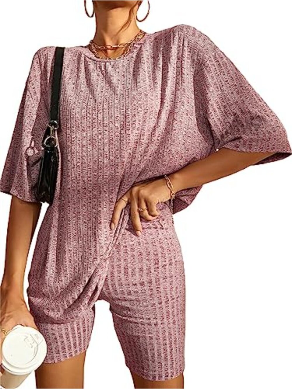 Women's 2 Piece Outfit Ribbed Short Sleeve Oversized Tee and Biker Shorts Set
